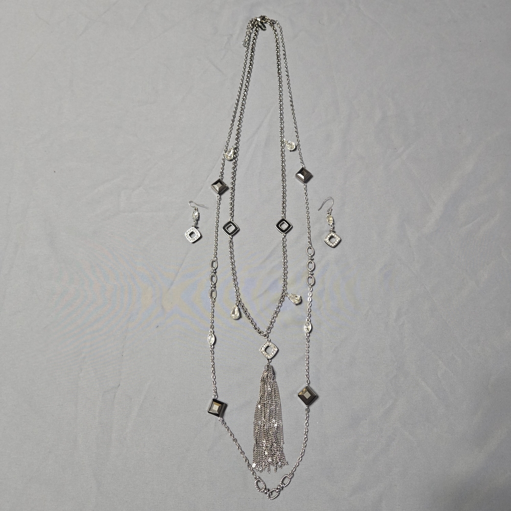 White House Silver-Tone Square & Teardrop Crystal Station Necklace & Earring Set